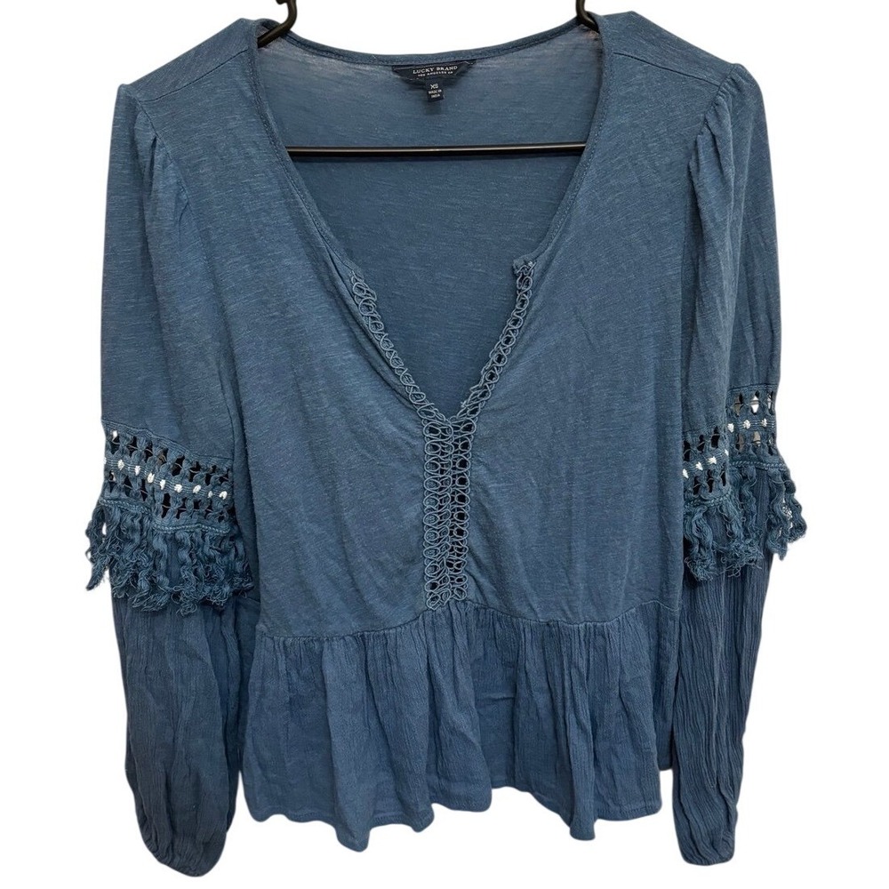 Lucky Brand XS Blue Boho Western‎ Fringe long sleeve Top